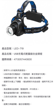 USB充電式鋁合金頭燈